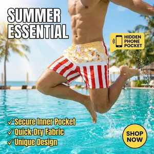 Popcorn Print Mens Swim Trunks with Hidden Phone Pocket - Quick Dry Funny Beach Shorts