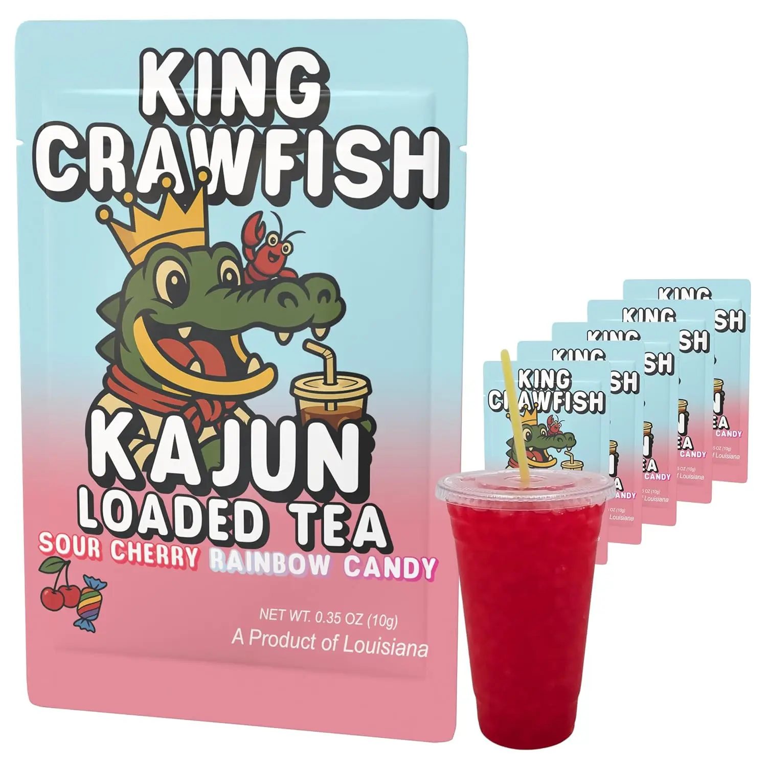 Kajun Loaded Tea Packets – King Crawfish  Sour Cherry & Rainbow Candy Sugar Free Energy Tea Powder  250mg Caffeine  Keto Friendly