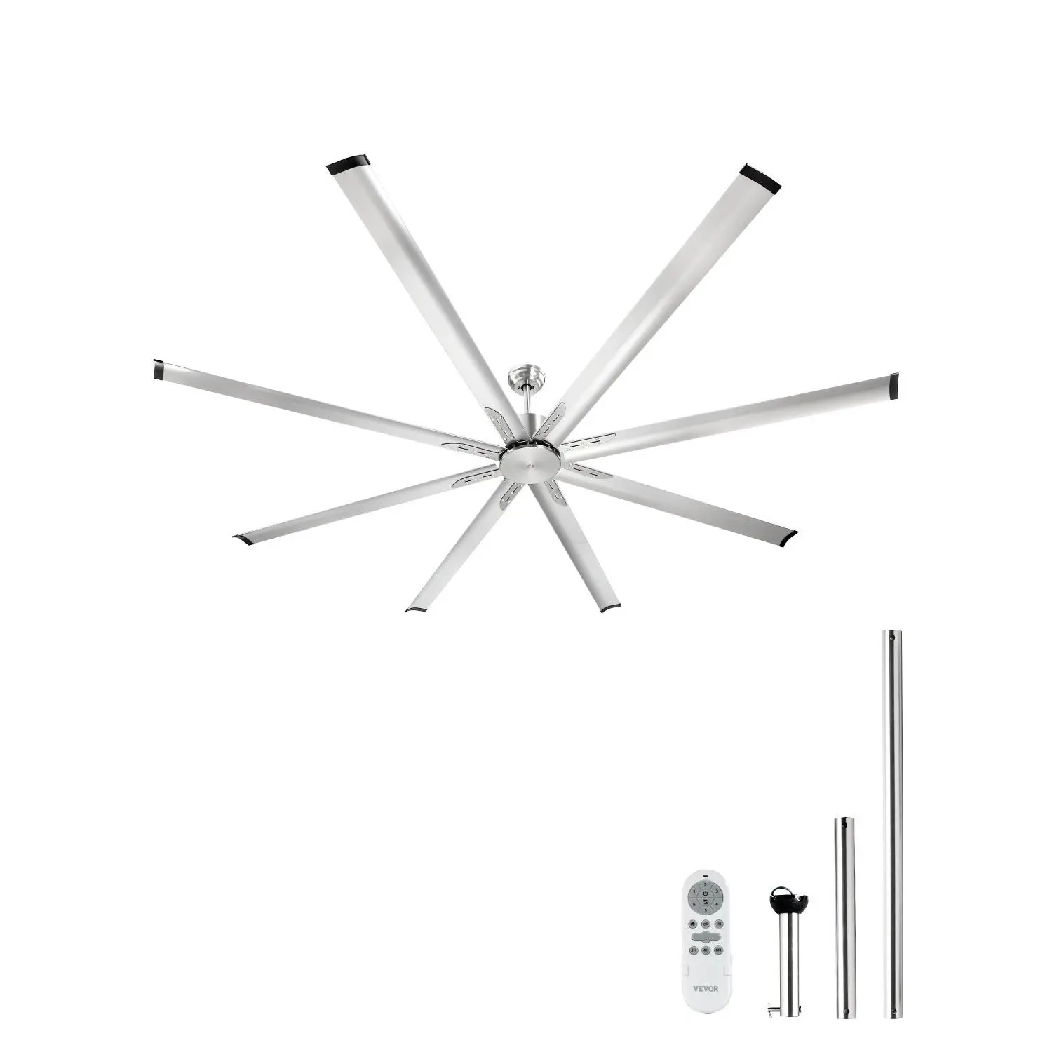 【Summerfinds】VEVOR 96-in Low Profile Flush Mount Ceiling Fan (No Light, 54W), Brushed Nickel, 6-Speed Remote Control, Aluminum 8-Blade, Reversible DC Motor, 3 Downrods (10-in Included, 95.67x27.79in, 30.64lbs), Indoor/Outdoor for Bedroom Users, Patio, Wit