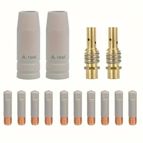 14pcs Heavy-Duty Silicone 15AK Welding Gun Tips Kit - Anti-Slag Coat, Non-Stick Yellow Brass Finish, 2×Gas Diffusers, 2×Nozzles, 10×.030" (0.8mm) Tips, Left Thread for Vulcan & Titanium Industrial Arc Welding Equipment (Battery Not Included)