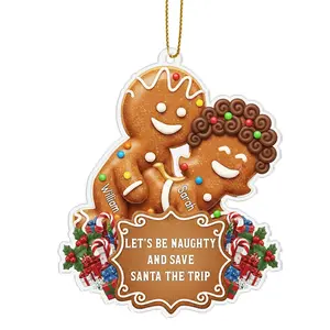 Personalized Let’s Be Naughty Save Santa Trip Acrylic Ornament, Funny Gingerbread Couple Christmas Humor Hanging Decor