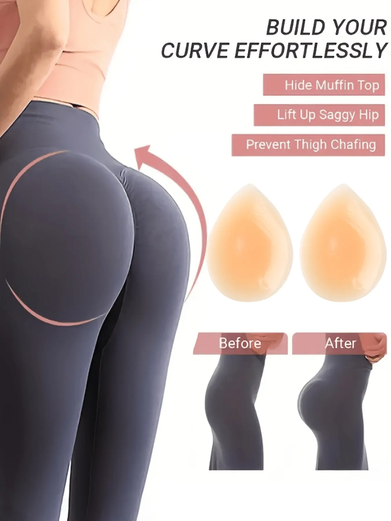 2PCS Silicone Water Drop Butt Lift Pads, Natural Butt Enhancer Inserts, Invisible Seamless Hip Pads for Body Shaping, Perfect for Y2K Outfits, Bodycon Dresses, Jeans & Daily Wear, Create Peach Butt Curve Effortlessly, Women, Soft Silicone Pads