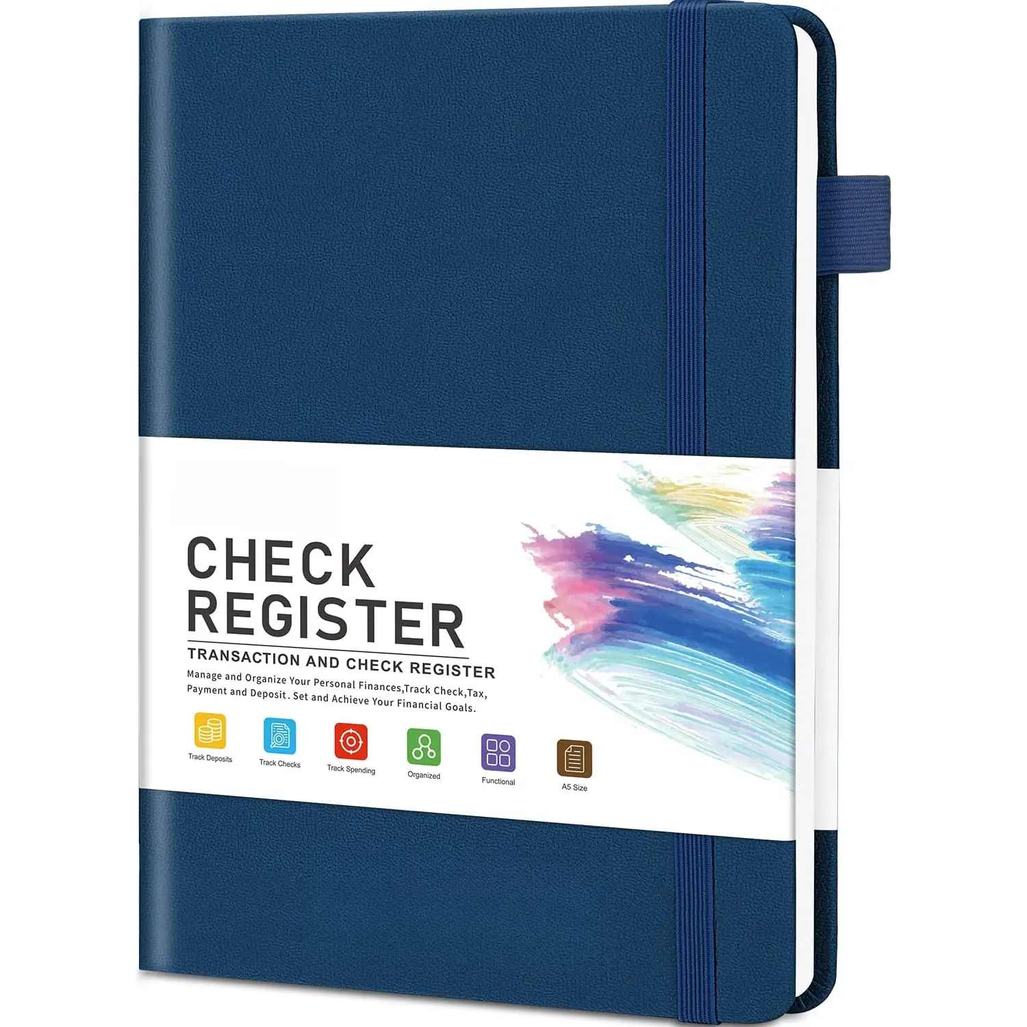 A5 Check Register - Blue Ledger Notebook with Bold Easy-to-Read Headings, Pen Holder, Business Planner for Personal or Business to Track Payments, Deposits, Debit Card Activity & Organize Finances