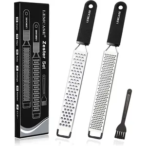 Lemon Zester and Cheese Grater - Citrus, Parmesan, Chocolate, Nutmeg, Garlic, Ginger - Silicone Handle and Stainless Steel Blades with Protective Cover | Black (2 Piece Set) LEMCASE