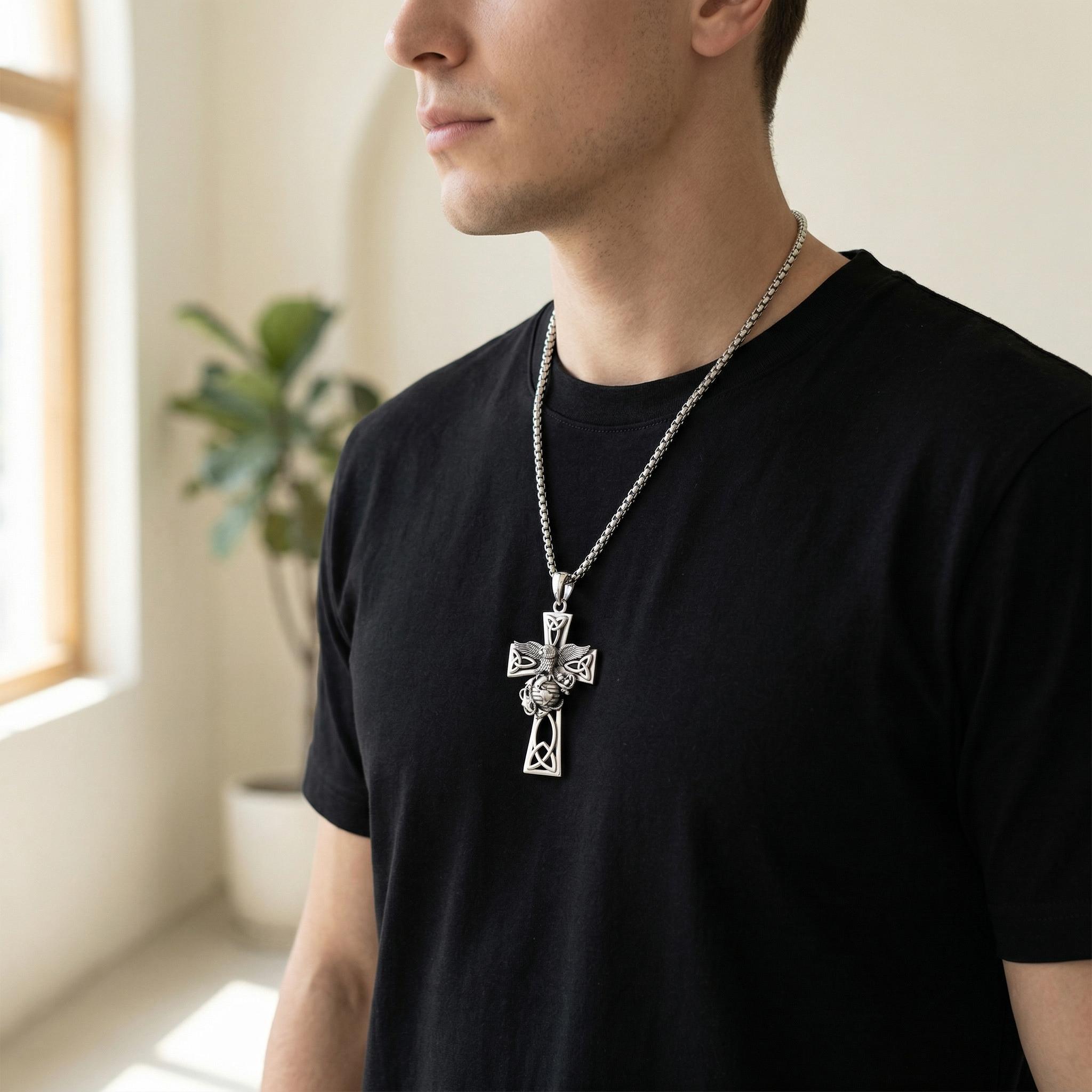 MEIDERBO Signet Style Black Onyx Necklace for Men 925 Sterling Silver Oxidized Finish Marine Corps Stainless Steel Bead Chain 22+2 Inch Men's Jewelry Gift