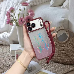 Holographic Bear Glitter Phone Case for iPhone 13-17 Pro Max/Plus - Y2K Aesthetic Pink Gradient Shockproof Cover with Wrist Lanyard