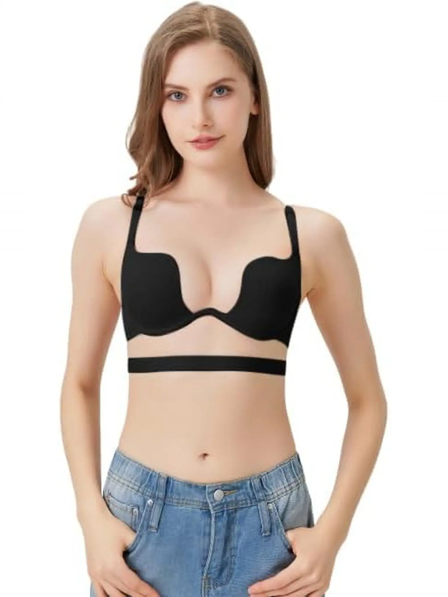Weilresa Women's Plain Nylon Blend Balconette Bra, Wireless Push-Up Cross-Back Lingerie for Everyday Wear, V Neck, Bras For Women, Cold Wash