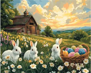 zouewit Easter Cute Bunny Wall Art, Easter Eggs Paint by Numbers for Adults, Rabbit Stained Glass Paint by Numbers, Spring Farm Rustic Landscape Home Decor