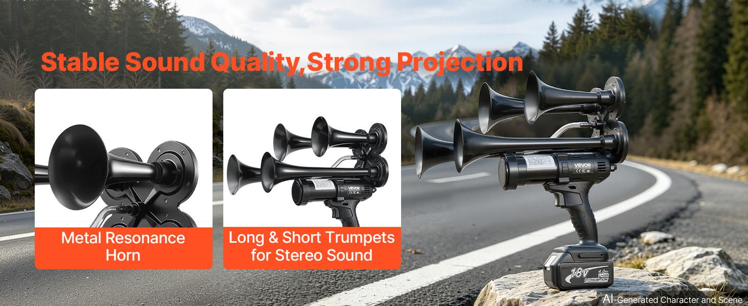 【BackToSchool】VEVOR Cordless 4-Trumpet Air Horn 130dB Train Air Horn & Built-in Air Pump, 18V 4Ah Lithium Battery, Powerful Sound, Strong Penetration, Handheld Portable for Vehicle Alerts, Holiday & Sporting Events