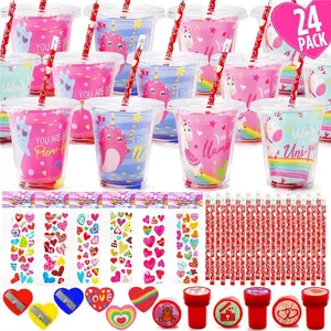 Valentines Day Gifts for Kids 24 Pack Stationery Set with Cards Pencils Stickers Erasers Stampers Sharpener Cups Unicorn Design Classroom Prizes School Exchange Party Favors