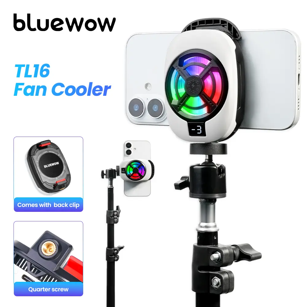 BlueWow TL16 Clip-On Mobile Phone Cooler with Grip, 1/4" Tripod Mount, RGB Lights, Semiconductor Cooling, USB Charging Fan, USB Powered Rechargeable Wearable Fan for Mobile Gaming, Live Streaming, Usb Powered Fan