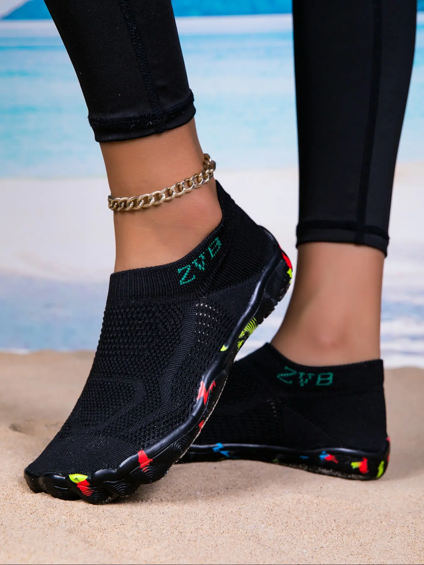 Women's Water Shoes with Wide Toe and EVA Sole, Elastic Knit Upper, Soft Comfortable Lightweight Swimming Shoes, Eva Beach Shoes