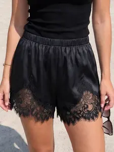 Women Satin Lace Trim Shorts Sexy Silk Pajama Shorts Elastic Waist Lounge Shorts Soft Sleepwear Satin Shorts Summer Casual Nightwear Shorts Elegant Lace Hem Pajama Bottoms Comfortable Home Lounge Sleep Shorts Loungewear