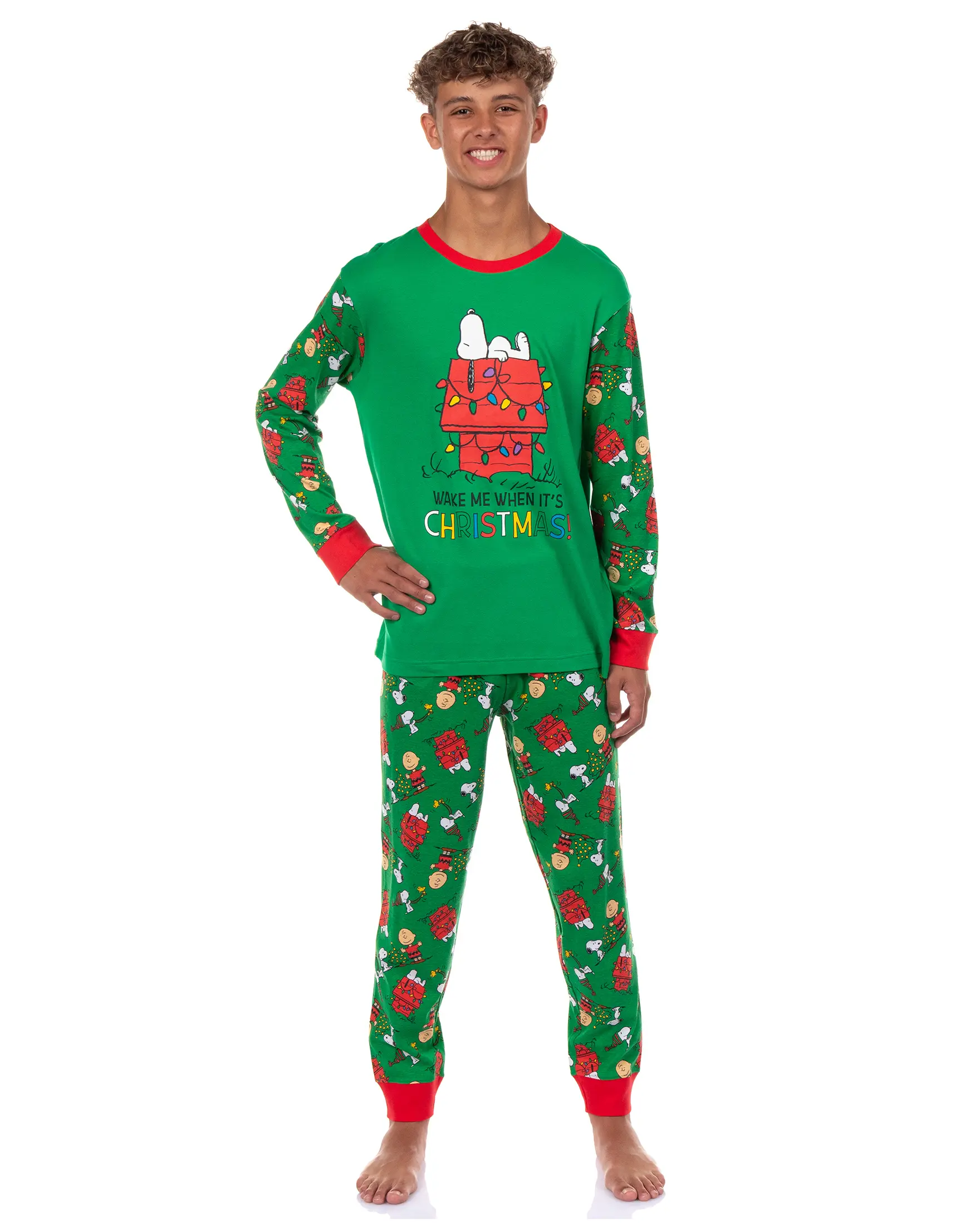 Peanuts Snoopy Pajamas Wake Me When It's Christmas Adult Tight Fit Sleep Set