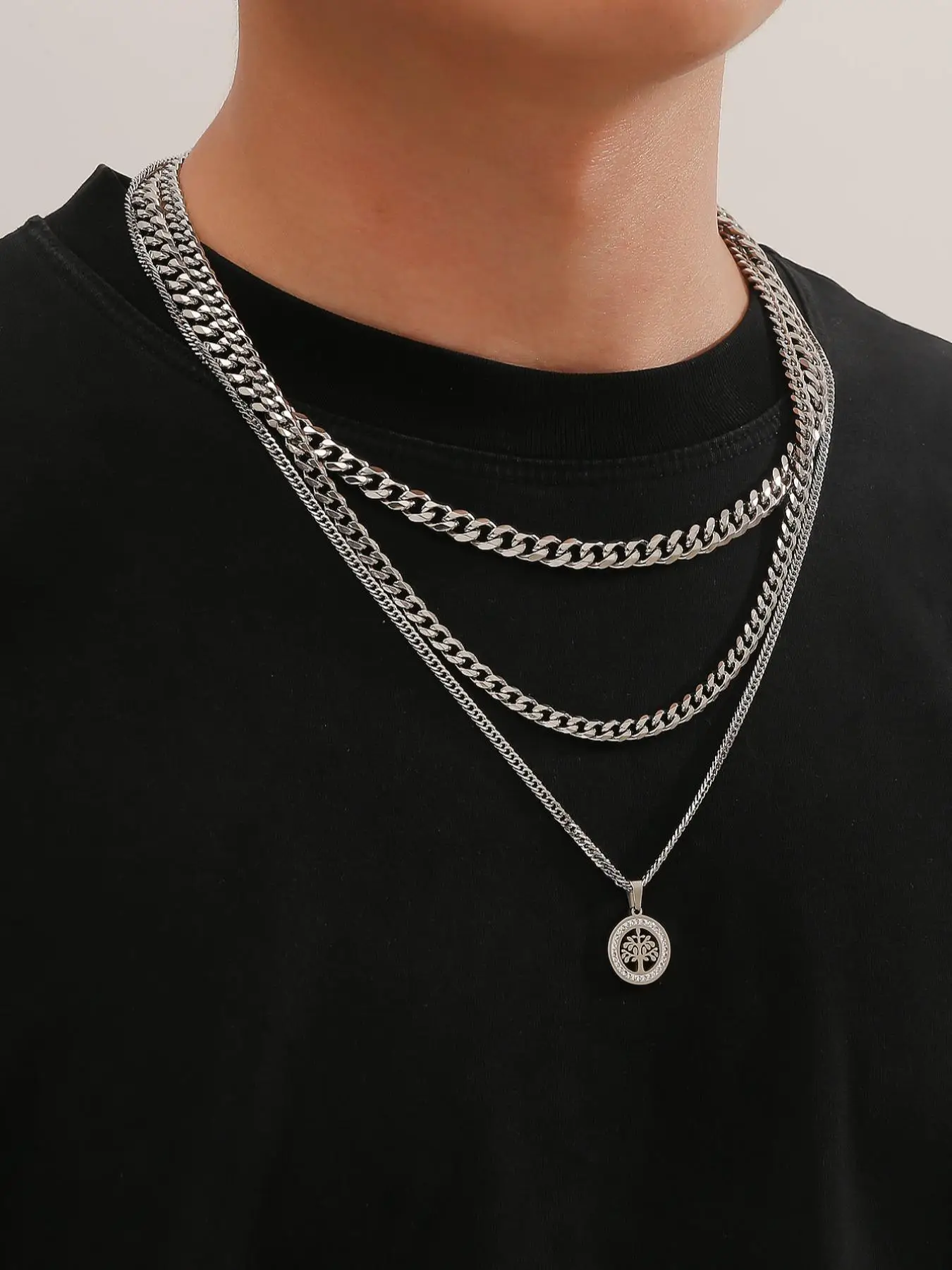 Men's Simple Plain Chain Necklace, Plant Tree Design Pendant Necklace, Hip Hop Stainless Steel Jewelry