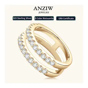 Anziw Luxury Full Moissanite Double Row Wedding Bands - Real 925 Sterling Silver Ring Enhancer for Women, Jewelry with Certificate