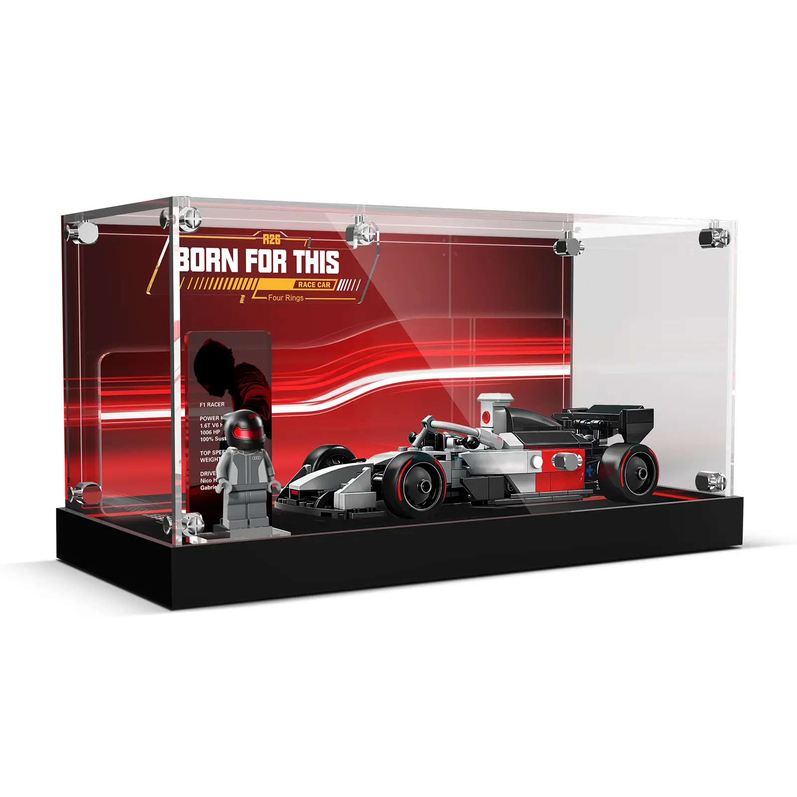 Acrylic Display Case with LED Light Compatible with Speed Champions Audi Revolut F1 Team R26 Race Car 77259, USB-C Powered Dustproof Showcase with Backdrop, Ideal Gift for Car Fans (No Model)