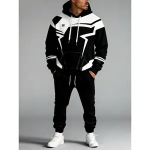 Trendy men's new style hooded sweater, high-end digital color-blocking casual suit, trendy running business fashion versatile simple two-piece set, age-reducing elegant clothing, men's long-sleeved sweater + pants suit, suitable for home, business, and ou