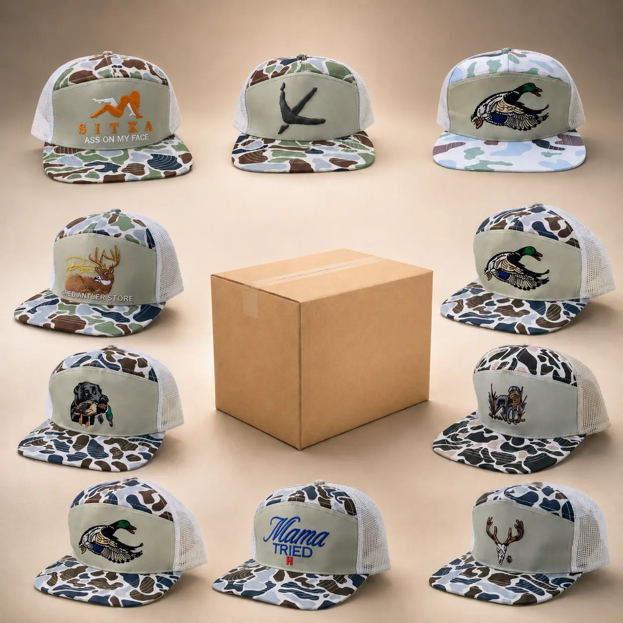 [BEST 2026] Random Sent Black Lab Buck Skull Turkey Track Sityass on the face The Bedded Buck Mama Tried Ultra Mallard Duck Old School Camo Brakish and White 7 Panel Richardson Snapback Hat