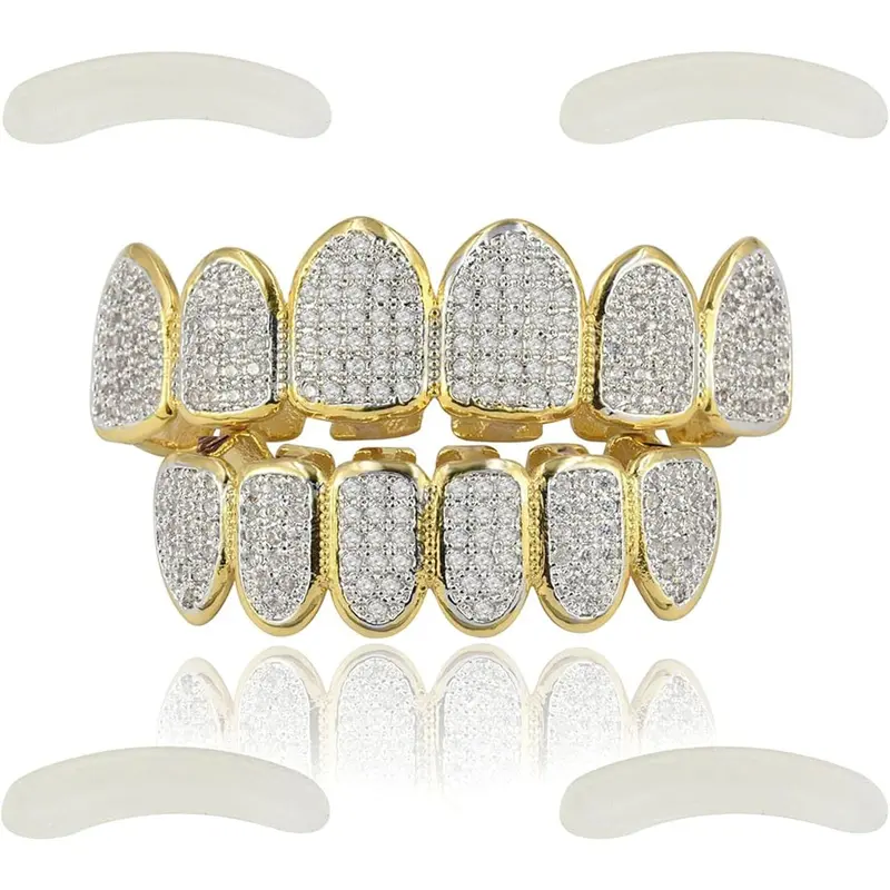 Grills for Your Teeth Simulated Diamond Teeth Grillz with Extra Molding Bars Included 18K Gold Plated Iced Out Cubic Zirconia Teeth for Men Women Silicon Oral Adjustable Silicone