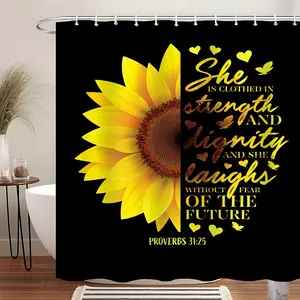 1pc Sunflower Shower Curtain for Bathroom Motivational Quote Floral Design 78.7x70.8 Inches Machine Washable Bathroom Decor Accessories, Bathroom Supplies, Polyester 12 Hooks for Easy Installation Suitable for Rooms, Families, Hotels Shower Essentials