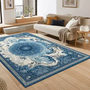 Vintage Polar Exploration Art Rug, Nordic Blue Glacier Penguin Theme Living Room Sofa Blanket, Bedroom Bedside Decorative Mat