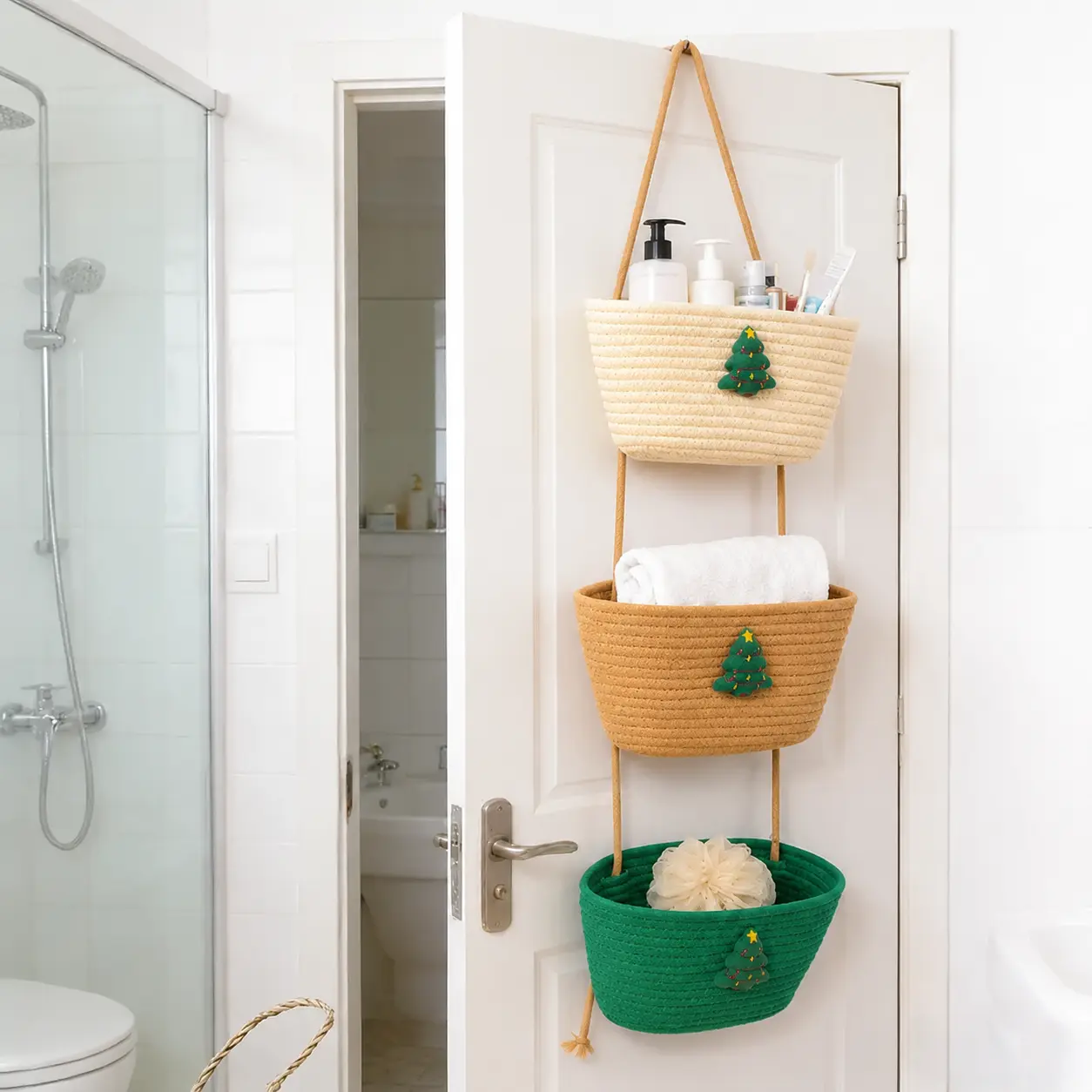 [Free Ship] Woven Cotton 3-Tier Over-The-Door Wall Hanging Baskets -Room Organizers, Decorative Baskets, Beauty Organizer,Storage Organization for Bathroom Necessities