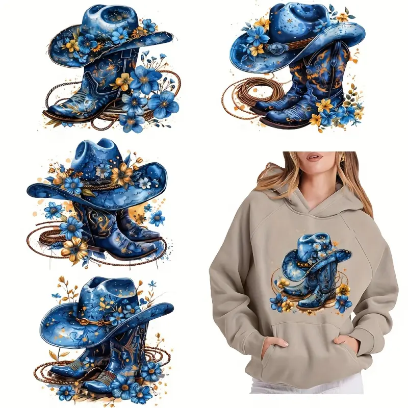 6 Pack DIY DTF Heat Transfer Vinyl Patches Cowboy Boot Hat Melting Effect Multicolor Plastic Film Stickers for T Shirts Jeans Masks Backpacks Iron on Heat Press Transfers