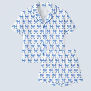 Blue Bow Pajama Set, Perfect For Sleep, Casual Comfy Long Sleeve Lapel Neck Top & Trousers Pj Set, Ladies Sleepwear for Spring & Fall