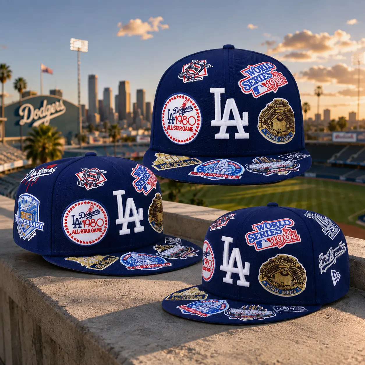 Los Angeles LA Patch Baseball Hat – Navy Flat Bill Cap with Vintage Embroidery, Unisex Streetwear Style