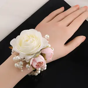 1pc of Simulated Pink Rose Wrist Flower in Creamy Color for Brides And Bridesmaids, Featuring Elastic Pearls, Wedding Accessory Available in Multiple Colors SW102