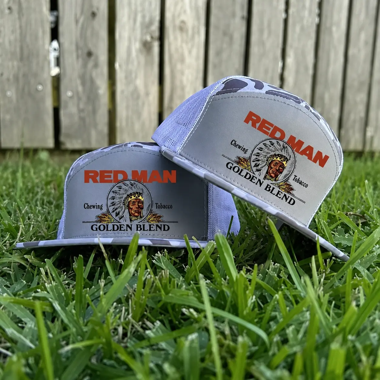 7 Panel RM Chewing Toobacco Trucker Hat | Summer Drinking Cap Tan Camo Snapback Hat for Hunting and Partying Vintage Golden Blend