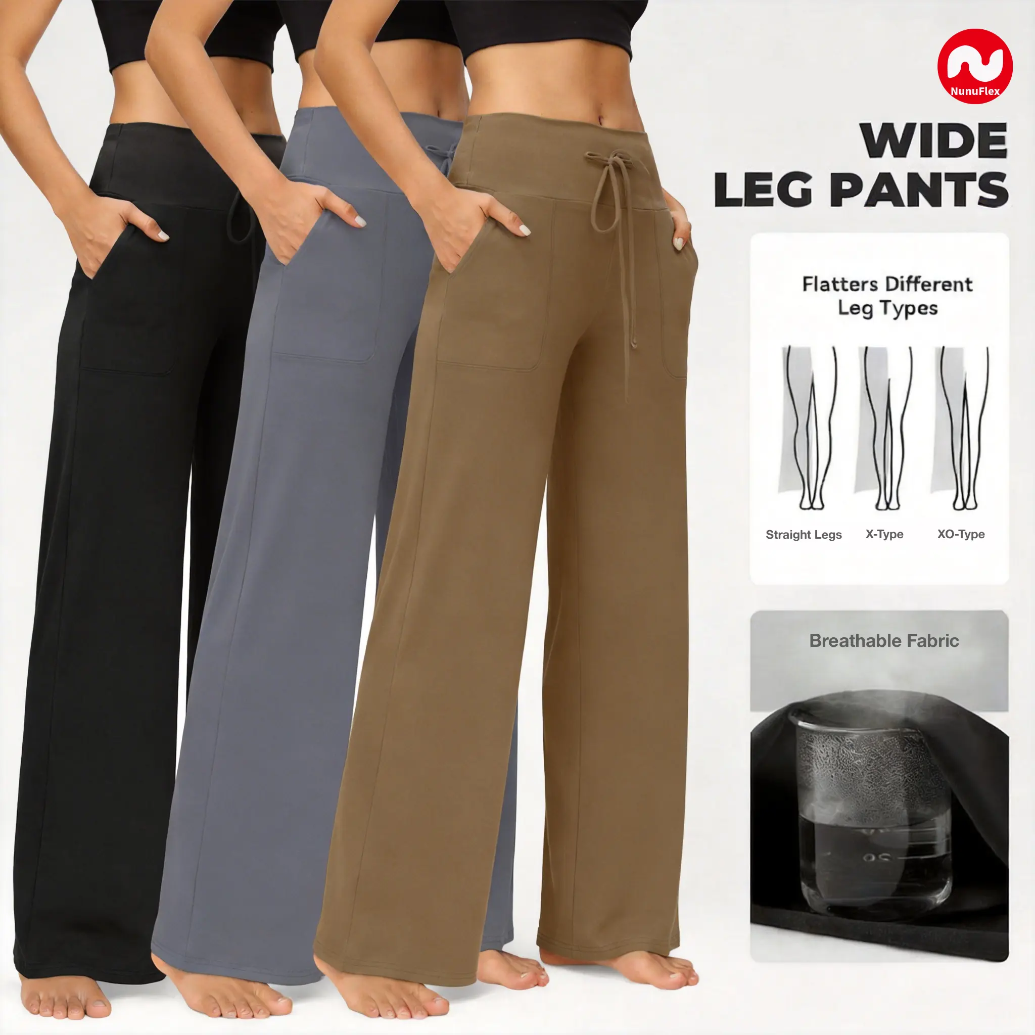 3-Pack NunuFlex Women's Loose-Fit Drawstring Pants, Wide Leg Pants, Comfortable Fabric Pajamas Home Wear, Suitable for Outdoor/Indoor Wear Summer Outfits
