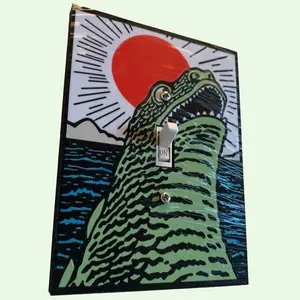 Godzilla Themed Holographic Wall Plate Cover with Rising Sun Background for Classic Kaiju Aesthetics and Dynamic Ripple Effect
