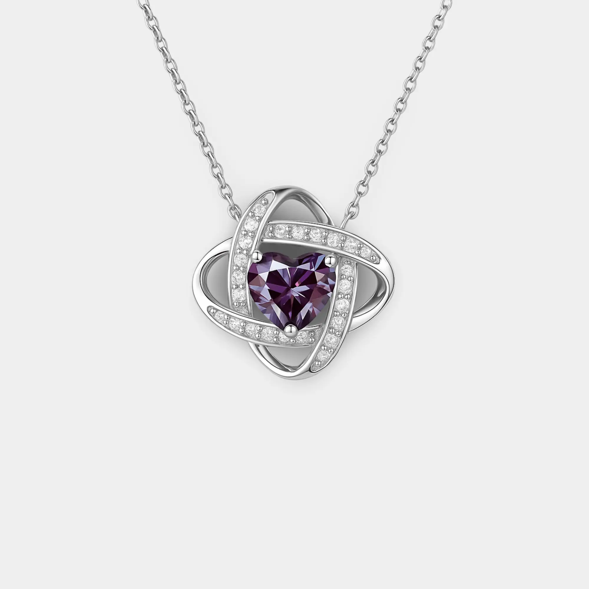 June Alexandrite Love Knot Necklace – Heart Cut White Gold Plated Silver Birthstone