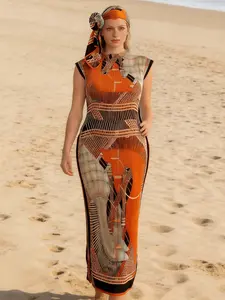 1 dress + 1 scarf – Viral Orange & Gold Art Print Maxi Dress with Matching Headscarf – Sleeveless Pleated Bodycon, Head-to-Toe Glam Set for Party, Club & Event – Must-Have Fashion Statement Piece