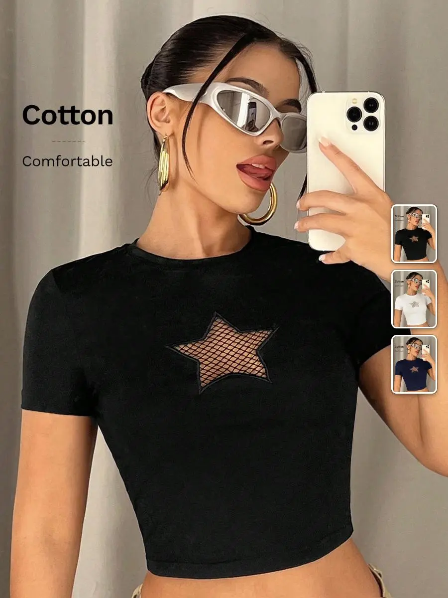 LACEX Fishnet crop tee star pattern contrast Y2K rave festival top