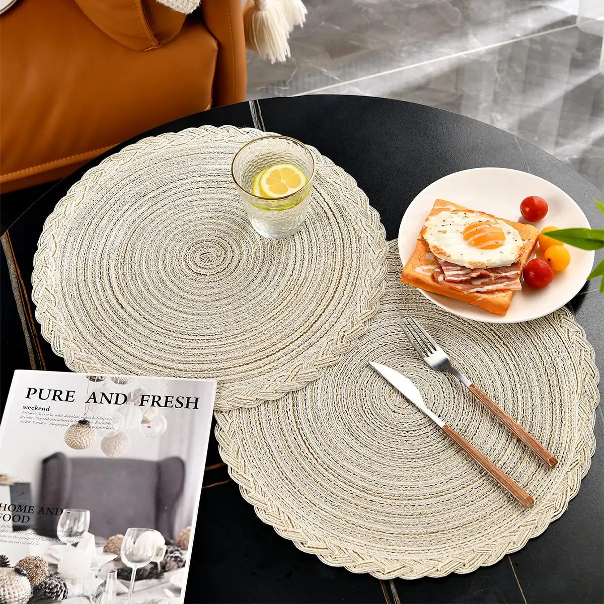 Round Woven Coaster, 4 Counts Boho Style Braided Design Placemat for Dinner Table Festival Wedding Party Hotel Decoration