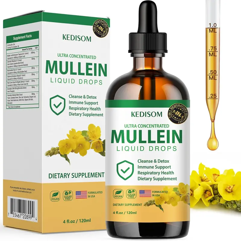 7 in 1 Mullein Drops for Lungs 4 Fl Oz - Organic Mullein Leaf Extract Supplement - Lung & Bronchial Cleanse for Smokers - Respiratory Health Support