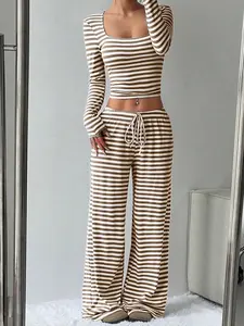 Women's Striped Minimalist Long Sleeve Top with Front Tie + Wide Leg Pants Casual 2 Piece Set Autumn Knit Fabric,Women's Striped Minimalist Long Sleeve Top with Front Tie + Wide Leg Pants Casual 2 Piece Set Autumn Knit Fabric,Airport Outfit