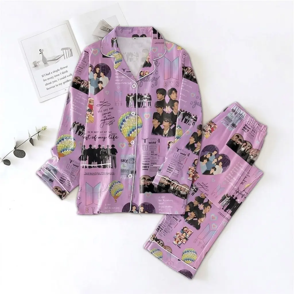 Cartoon Pajama Set, Kpop Inspired Sleepwear, Cute Character Long Sleeve PJs, Korean Pop Fan Loungewear, Cozy Gift for ARMY