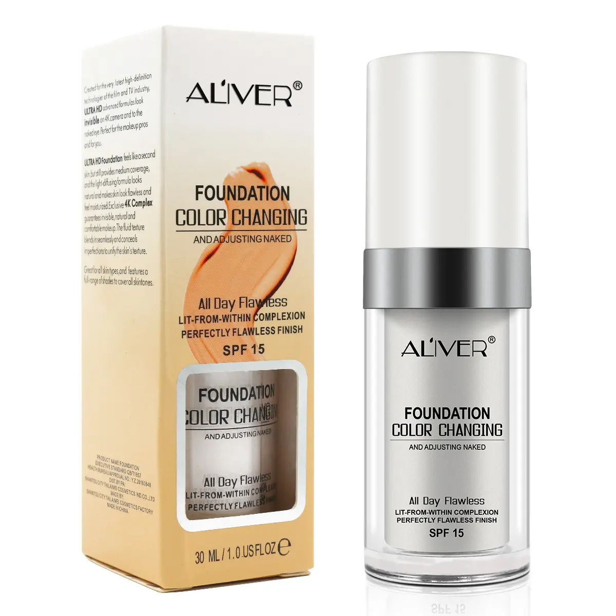 ALIVER Flawless Colour Changing Warm Skin Tone Foundation, Naturally Blends Moisturizing foundation makeup, Long-Lasting Waterproof Lightweight Liquid Foundation SPF 15 for Face Makeup