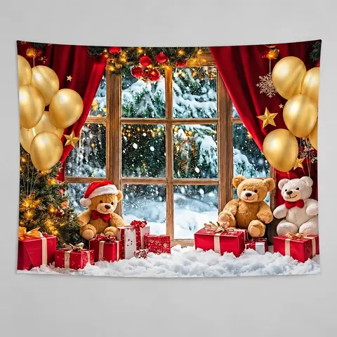 1pc 2D Flat Print Banner, Christmas Teddy Bear Backdrop with Snowy Window, Red Curtains, Gold Balloons, Gift Boxes and Holiday Tree Design, Photo Backdrop for Portrait Photography and Event Decor