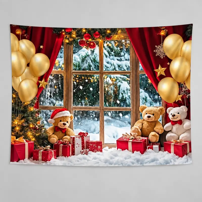 1pc 2D Flat Print Banner, Christmas Teddy Bear Backdrop with Snowy Window, Red Curtains, Gold Balloons, Gift Boxes and Holiday Tree Design, Photo Backdrop for Portrait Photography and Event Decor