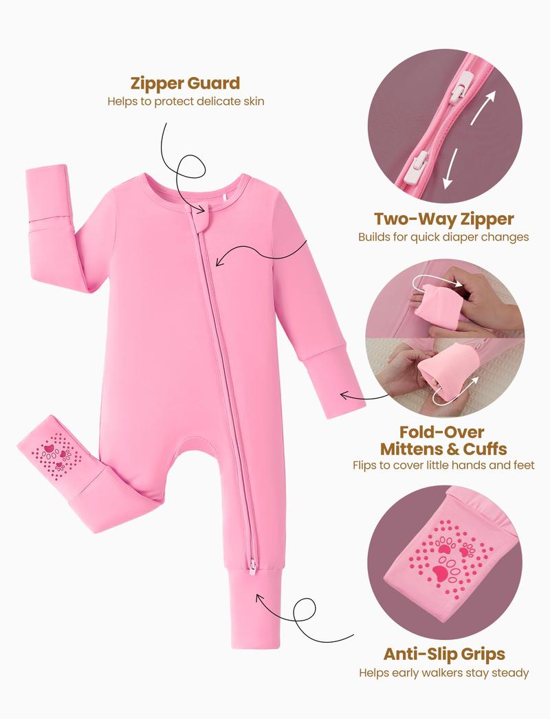 PATPAT Baby Footie Romper, Viscose from Bamboo, Long Sleeve, 2-Way Zipper, Fold-Over Mittens, Cuffs & Anti-Slip Grips