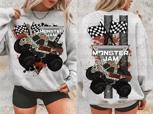 Adult Zombie Monster Jam 2 Sided Sweatshirt, Monster Jam shirt, Monster Truck Racing Graphic with Checkered Flags and Tire Tracks, Monster Truck Fan Gift, Funny Shirt, gift for son and daughter, summer outfit, holiday outfit