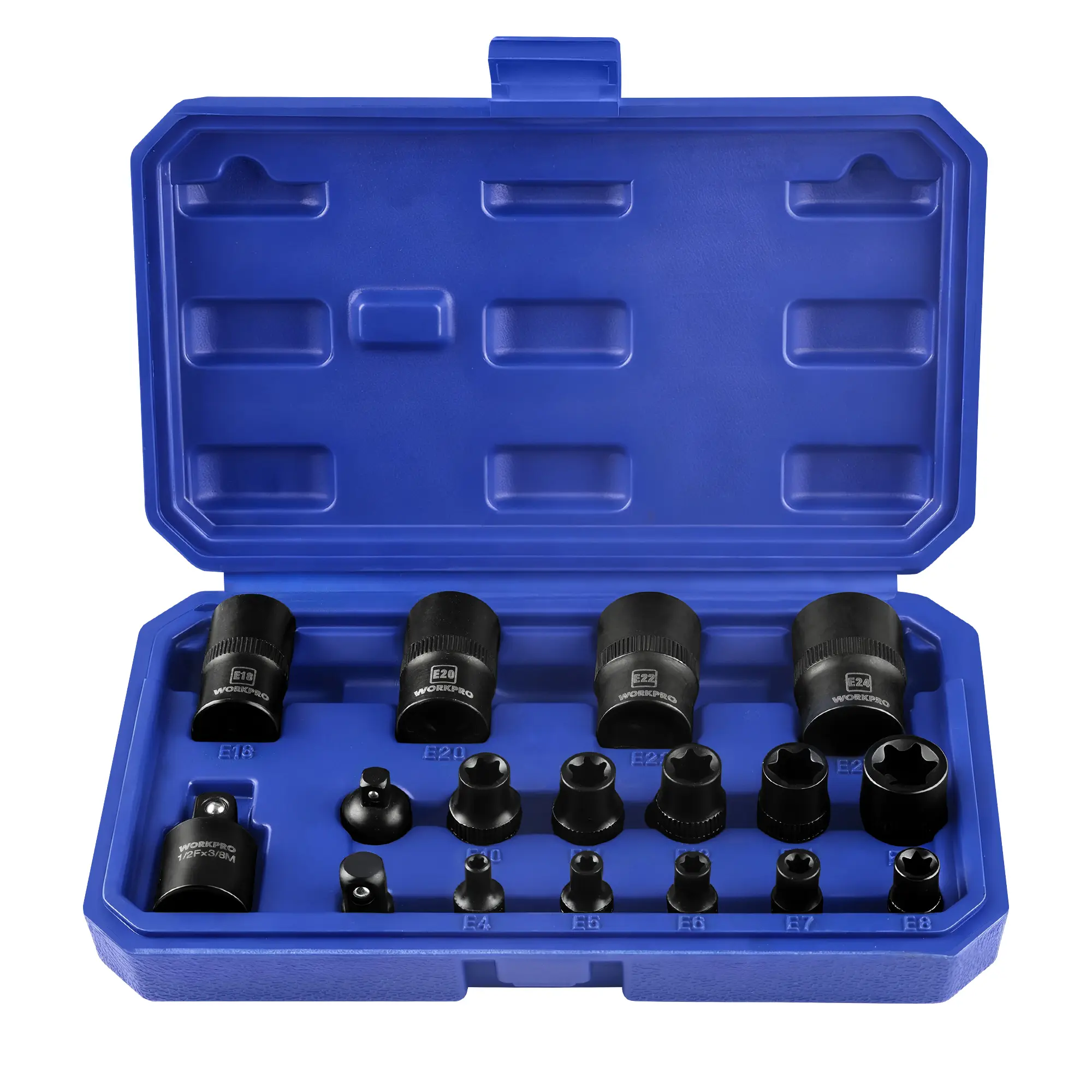 #backtoschool WORKPRO 17 Packs E-Torx Socket Set, Premium CR-V Female Star Socket E4–E24, 1/4", 3/8", 1/2" Drive, Precision Inverted Torx Socket with Storage Case for Auto, Engine, and Mechanical Repair