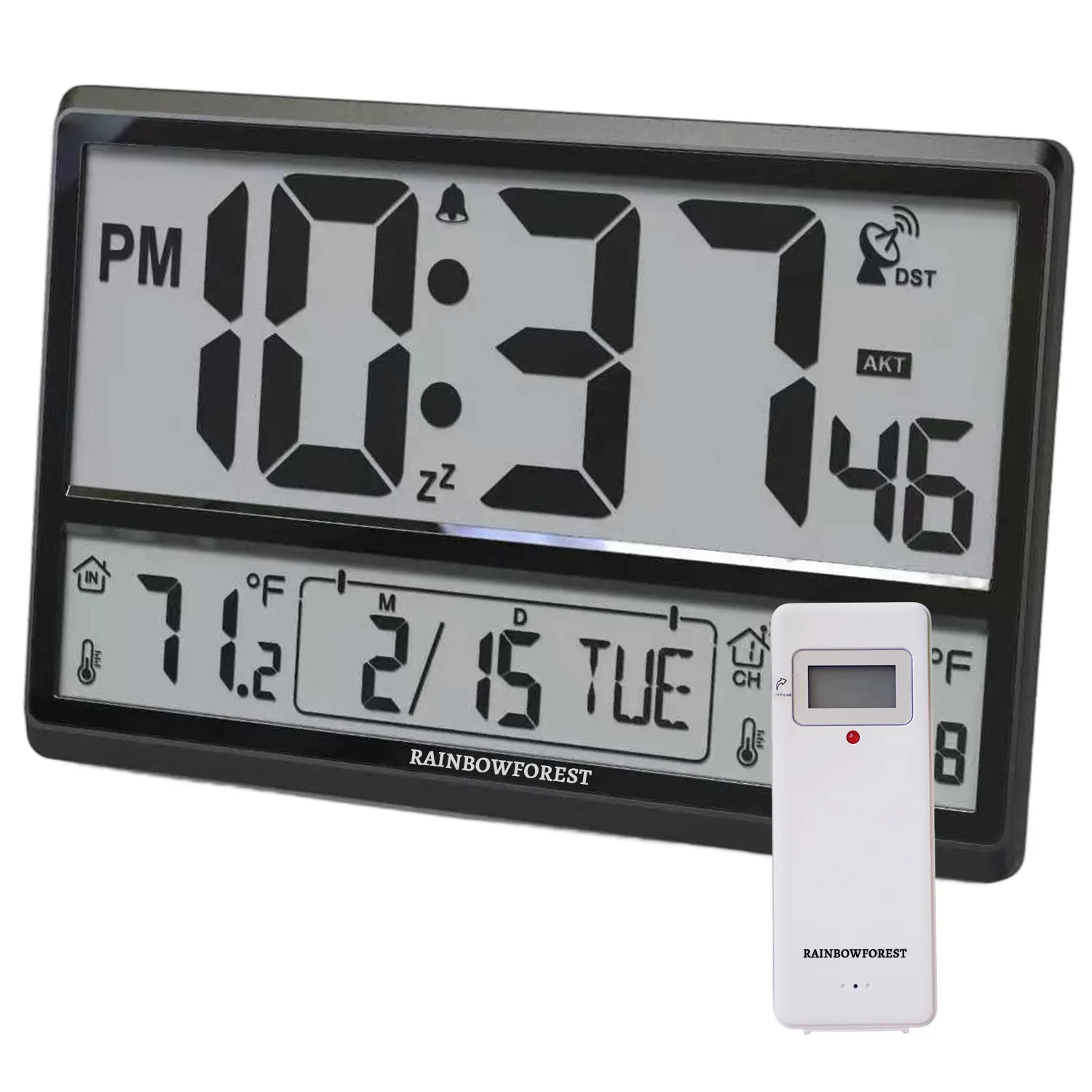 Rainbowforest Atomic Clock 17" Numbers Never Needs Setting Indoor Outdoor Temperature with Wireless Sensor Battery Powered for Office Kitchen Living Room Bedroom