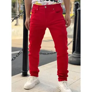 Men's Stretch Thick Twill Jeans - Vibrant Red, Casual Street Style with 3D Wrinkle Detail, Durable Cotton Blend, Ideal for Motorcycle Riders and Rock Fans, All-Season Wear, Motorcycle Apparel |   Stylish Wrinkle Detail |   Durable Fabric, Motorcycle Pants