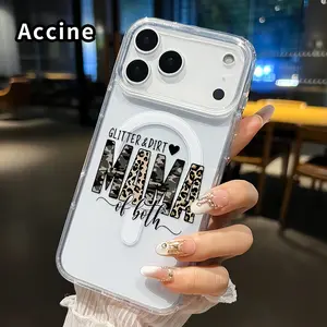 Magnetic Soft Phone Case for iphone 17 Pro Max 16 Plus 15 14 13 12 11 Air XR E Non-Yellowing Drop Protection Transparent Acrylic Large Hole Glam Camo Mama Pattern Shockproof Silicone Cover Supports Wireless Charging
